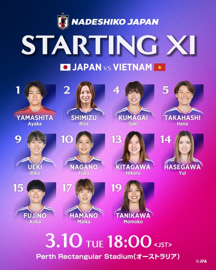 开云体育娱乐-日本女足vs越南女足首发：长谷川唯、清水梨纱、谷川萌萌子出战